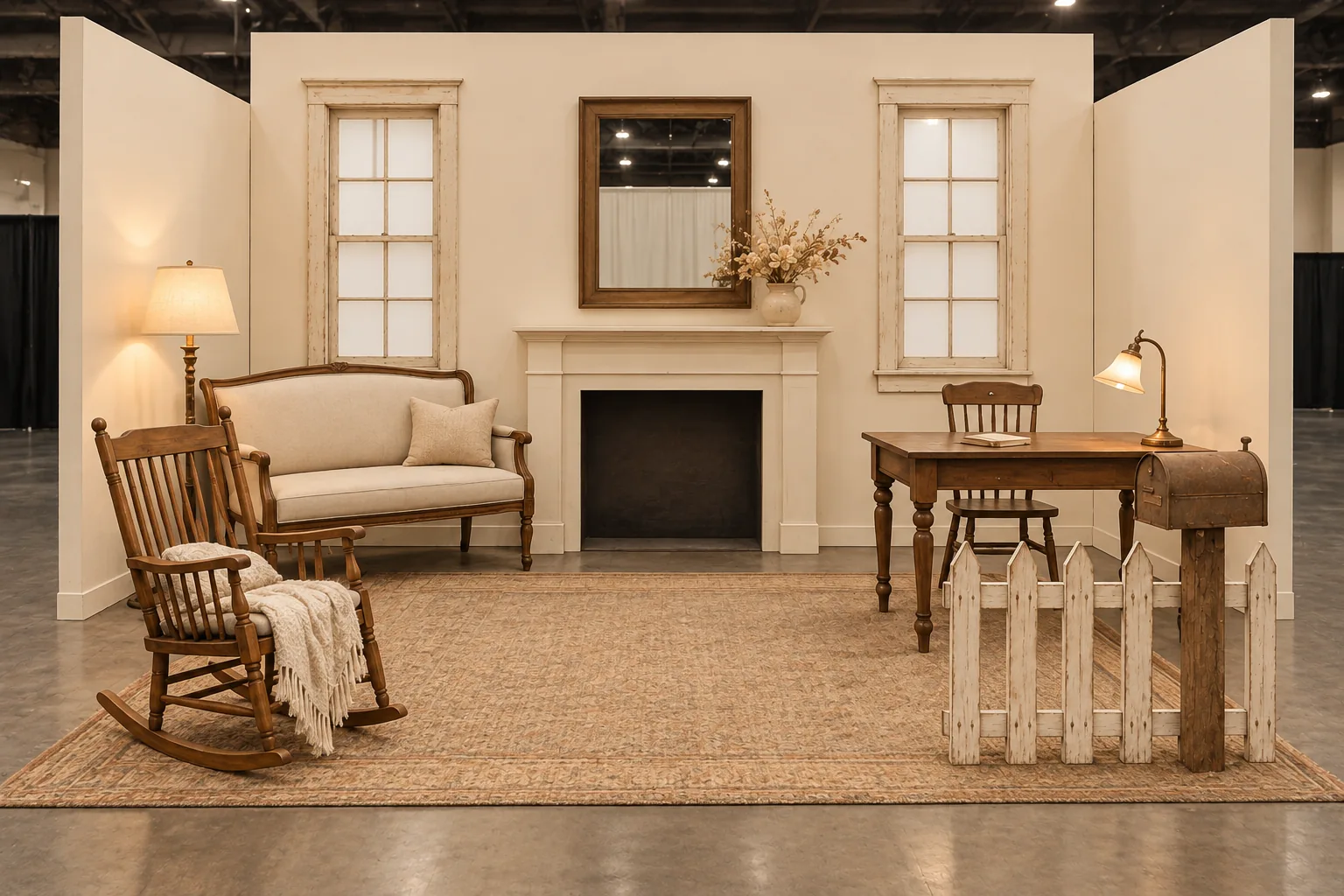 A restrained brown-and-cream booth concept with a simple mantel and mirror, cream seating, a wooden rocking chair, a small writing desk, and a freestanding mailbox.
